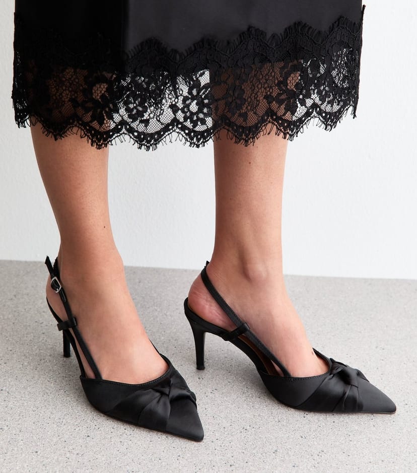 New Look Women's Wide Fit Black Satin Knot Slingback Pumps Vegan New Look - 1