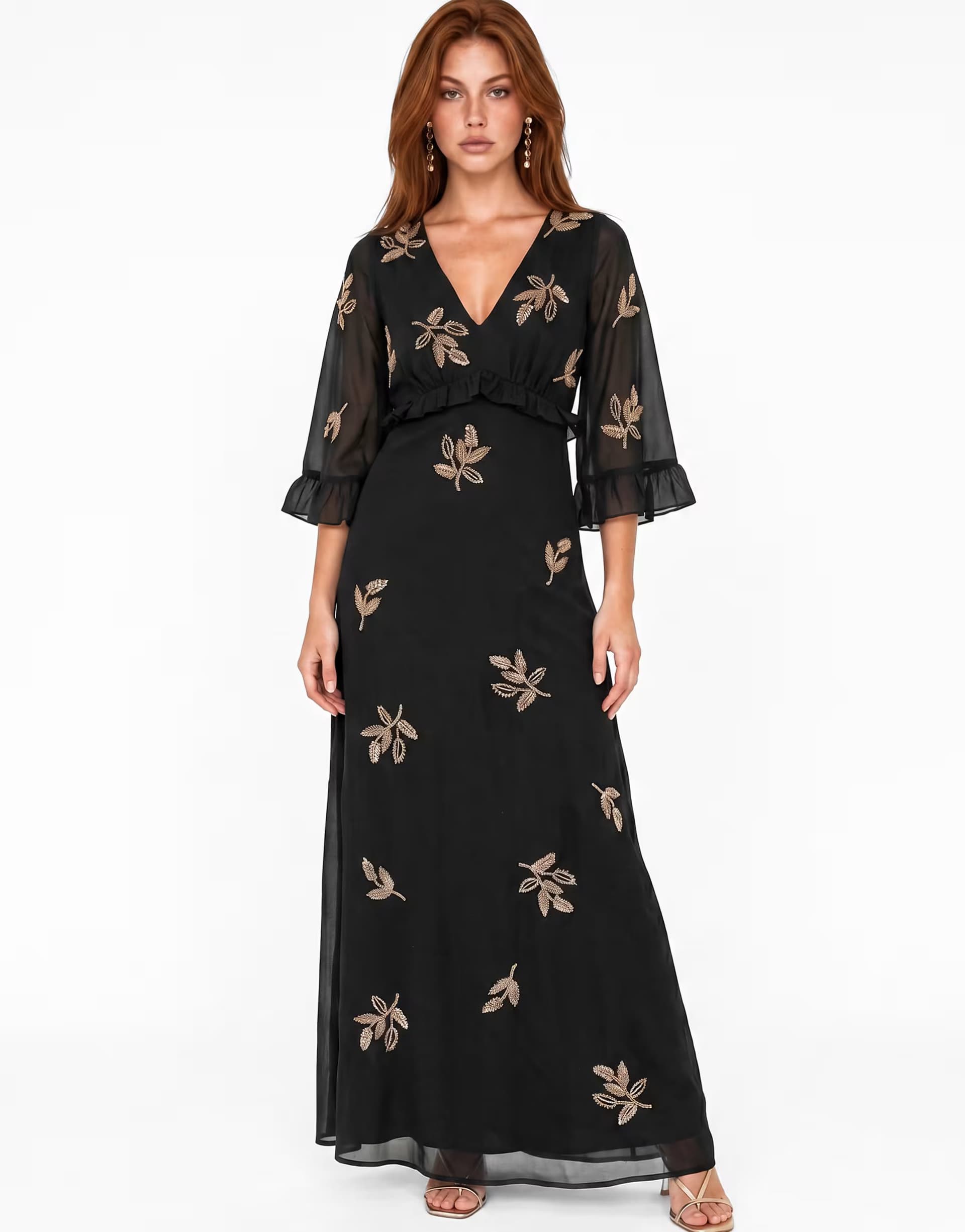 ASOS Maya Leaf embellished 3/4 bell sleeve maxi dress in black