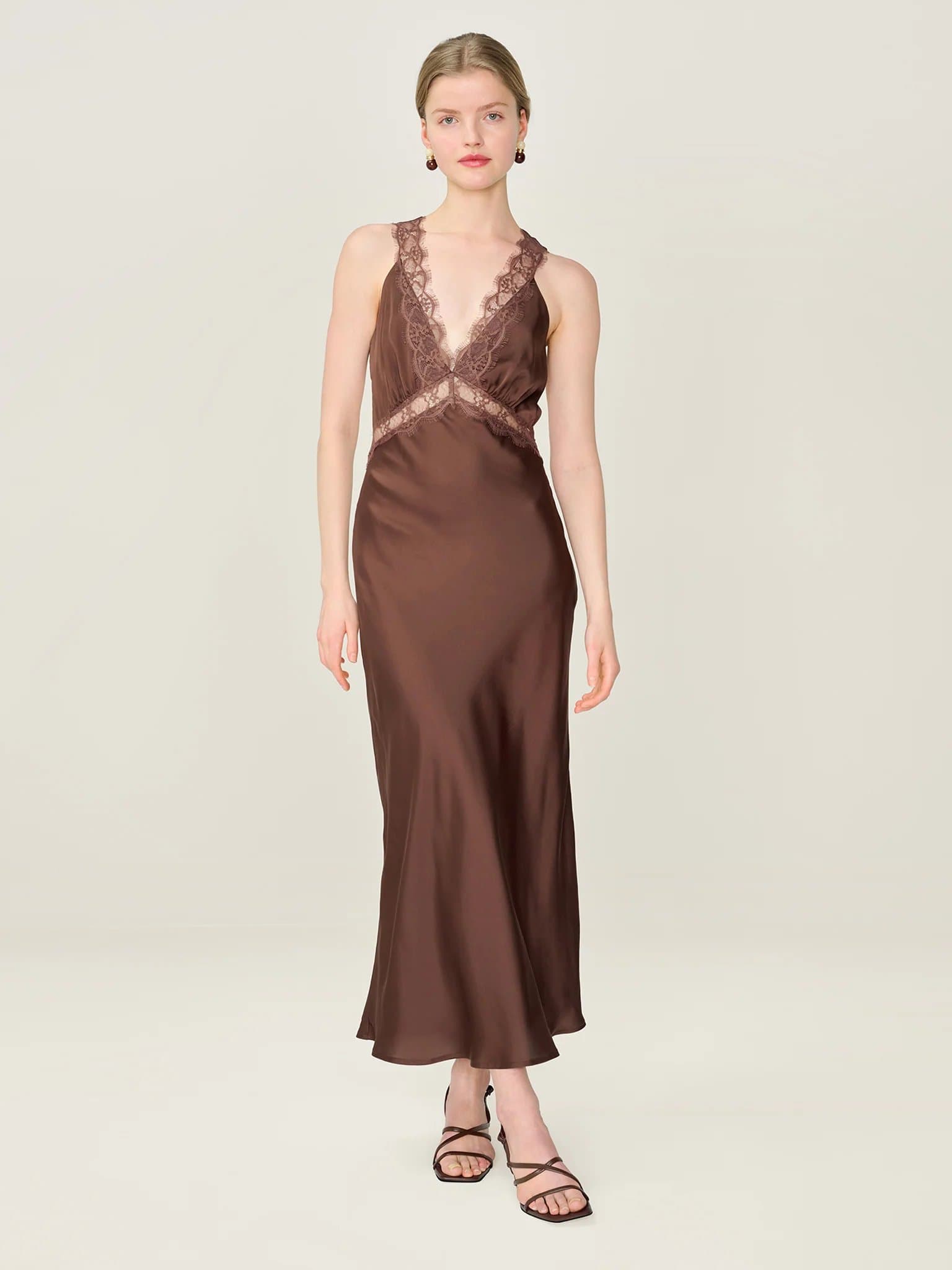 OMNES OMNES Plunging Neckline Satin Midi Dress in Chocolate