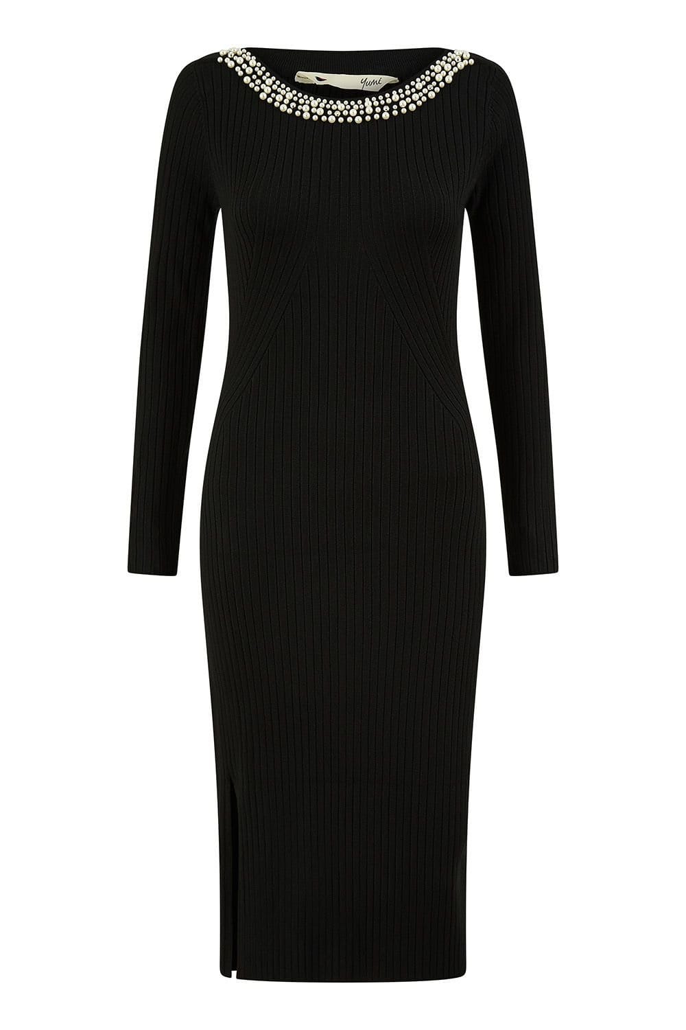 Yumi Yumi Women's Black Pearl Neckline Fitted Midi Knitted Dress - 4
