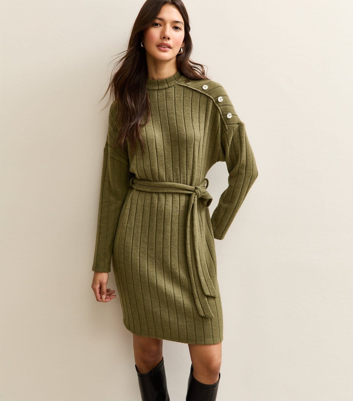 New Look Khaki Rib Buttoned Shoulder Mini Dress