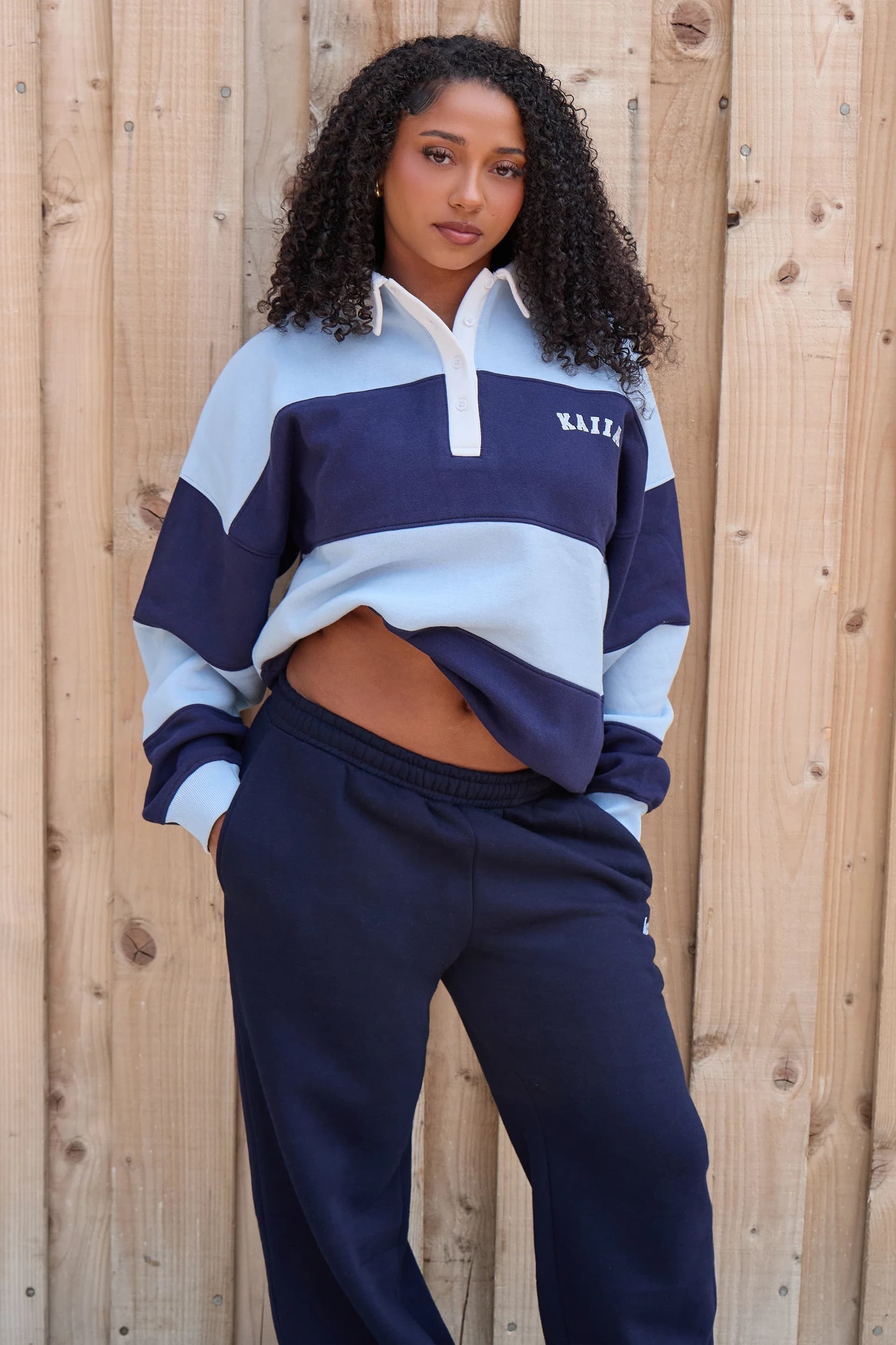 Kaiia Kaiia Striped Oversized Rugby Sweatshirt Navy & Sky Blue
