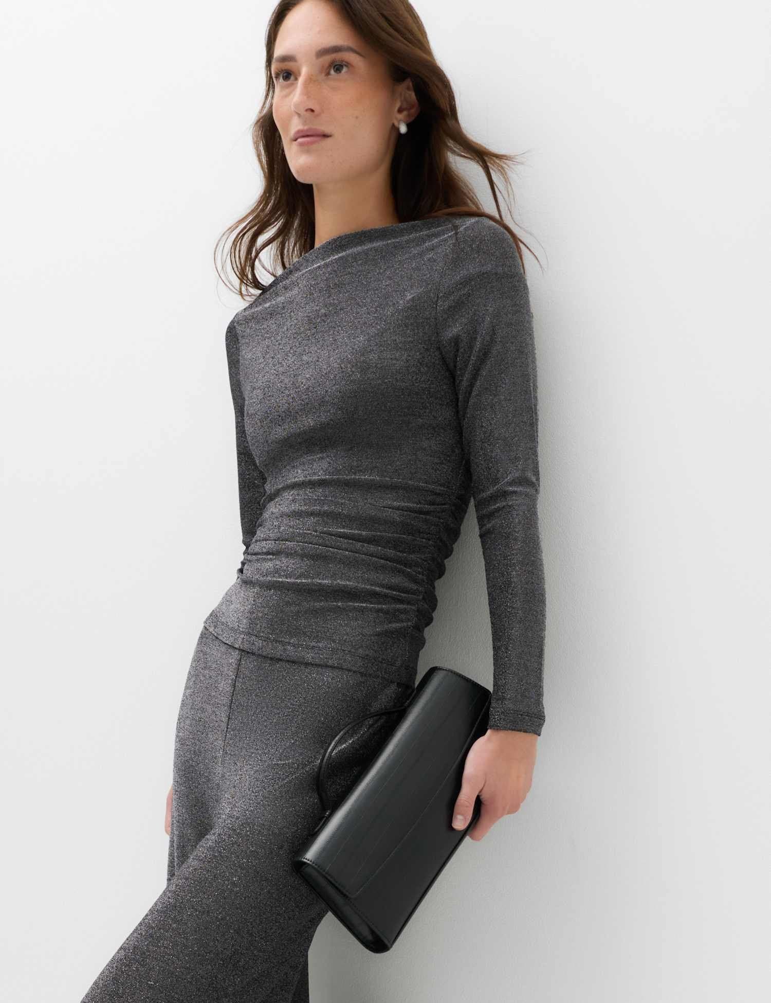 Marks & Spencer M&S Sparkly Draped Slash Neck Regular Fit Top Silver