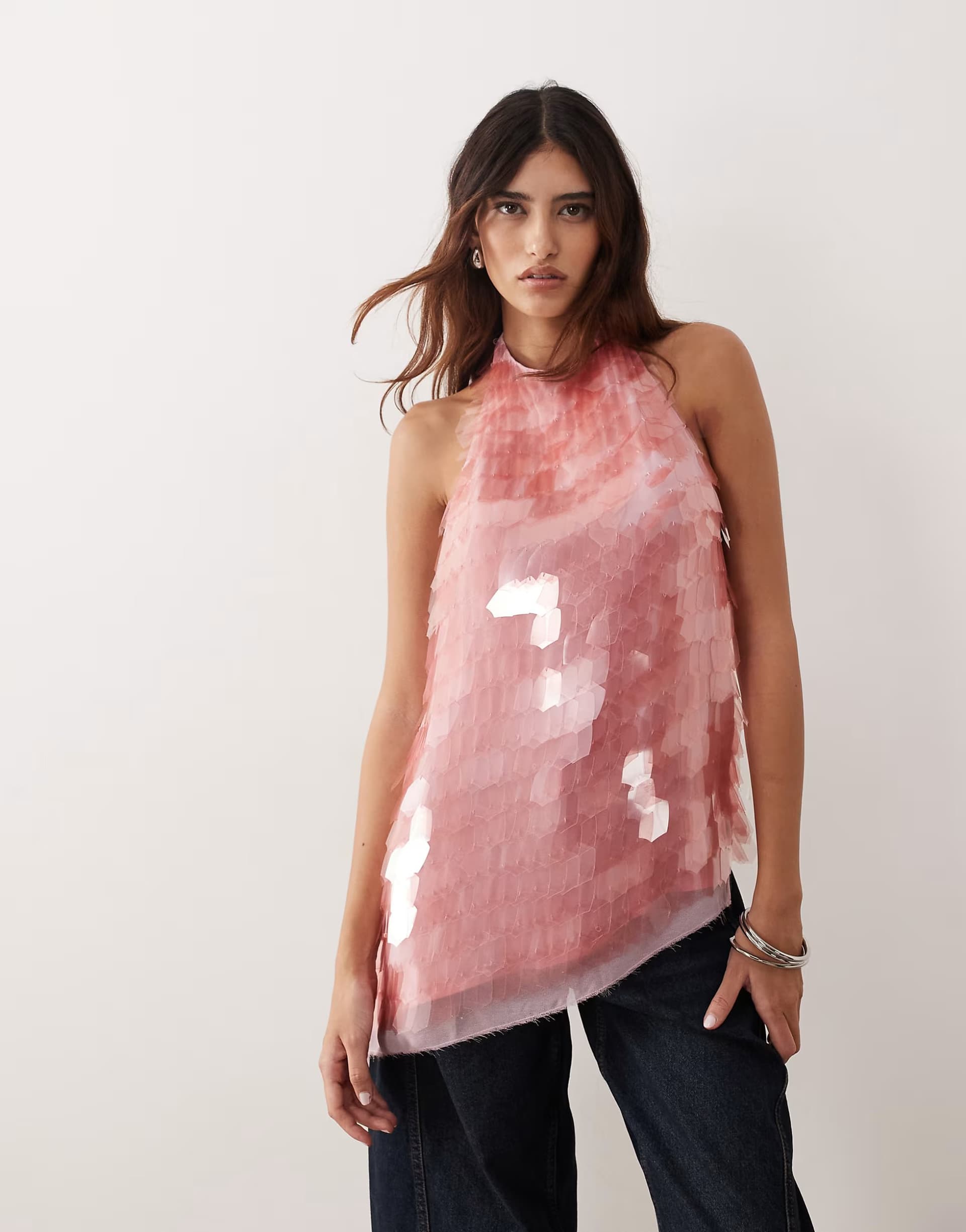 ASOS ARRANGE embellished shard sequin longline halter neck top co-ord in pink