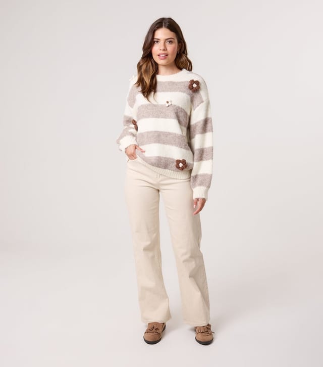 Blue Vanilla Women's Off White Striped Floral Appliqued Jumper Blue Vanilla New Look - 2