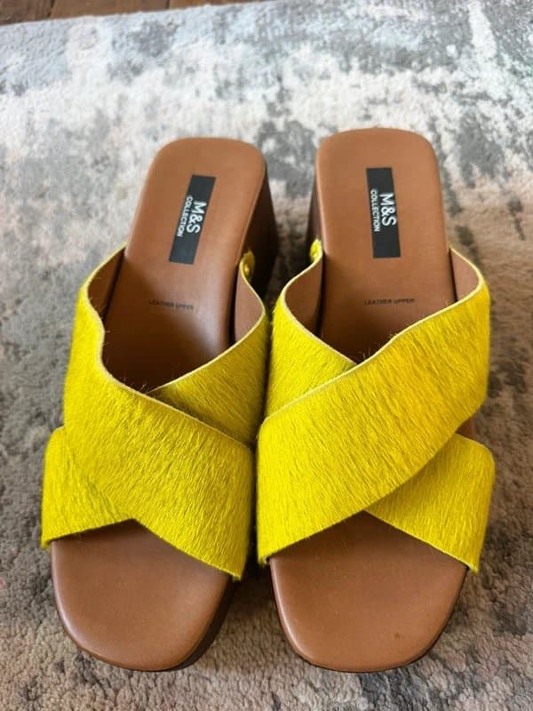 Marks & Spencer Marks and Spencer pony fur cross over wooden platform clogs size 5.5