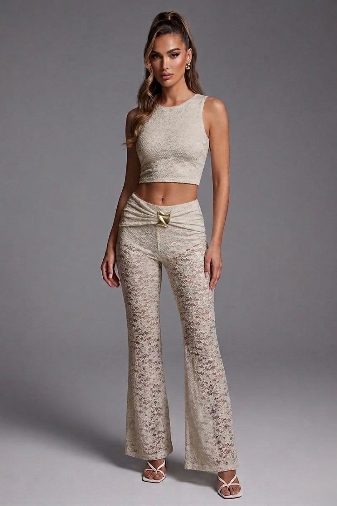 STYLEWISE Beige Lace Crop Top & Buckle Detail Flared Trouser