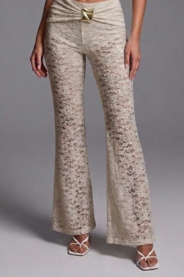 STYLEWISE STYLEWISE Women's Lace Crop Top & Buckle Detail Flared Trouser Co-ord Set in Beige - 3