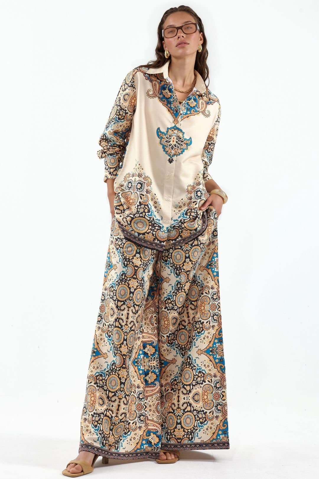 MSN Collection MSN Collection Women's Paisley Shirt & Wide-Leg Trousers Set