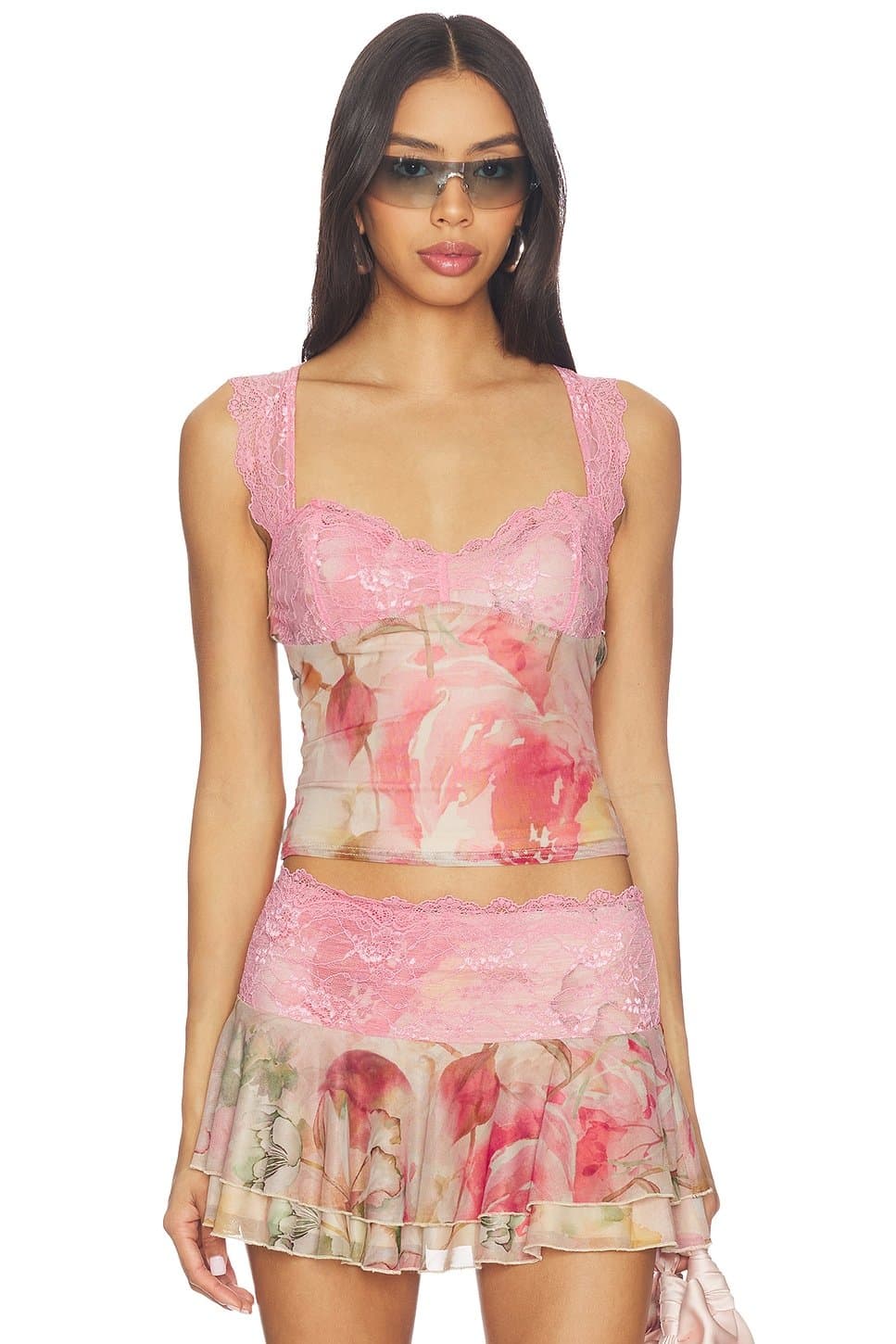 revolve Revolve Baby Pink Floral Lace Crop Top