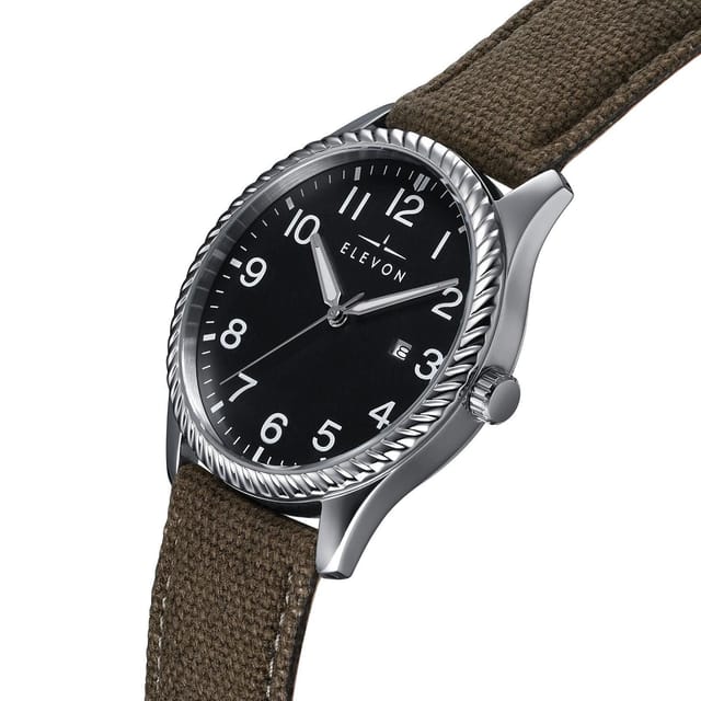 Elevon Elevon Men's Crosswind Canvas-Overlaid Leather-Band Watch w/ Date in Olive - 2