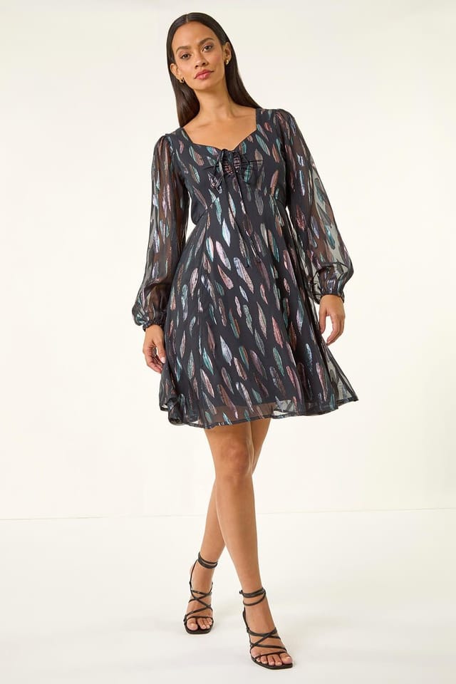 DUSK Dusk Women's Foil Print Tie Front Fit & Flare Dress in Black - 2