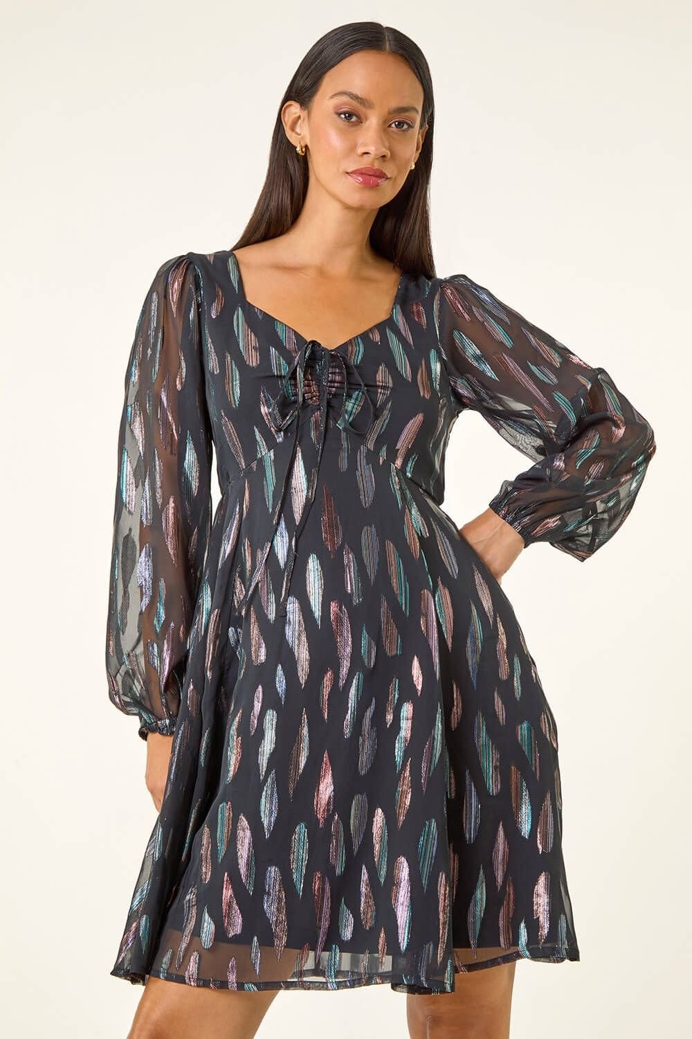 DUSK Dusk Women's Foil Print Tie Front Fit & Flare Dress in Black - 4