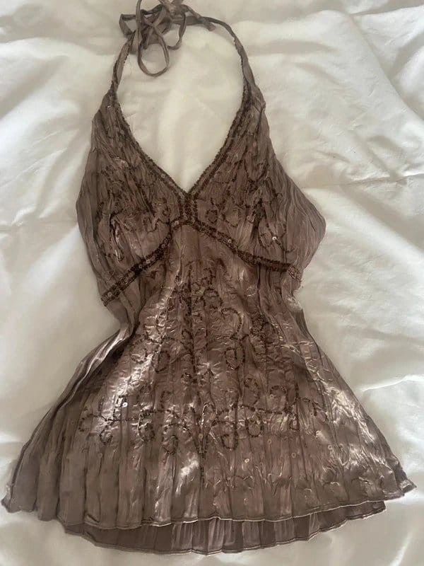 New Look Gold Embellished Crinkled Sequin Halterneck Top
