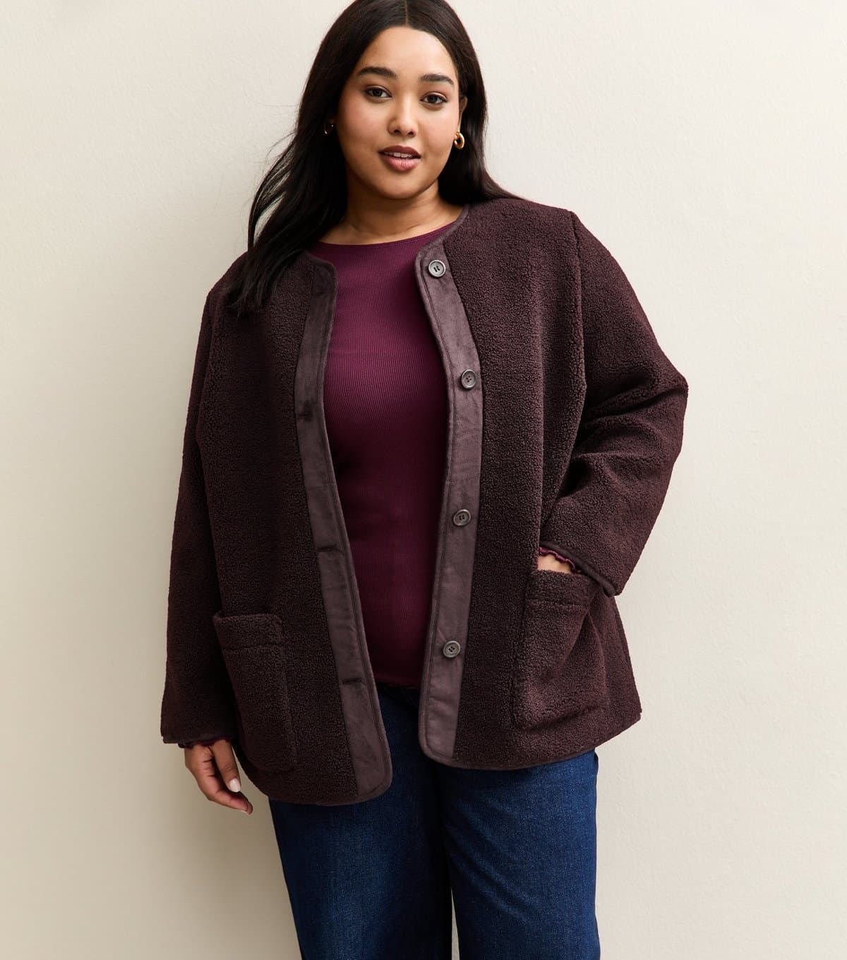 New Look New Look Plus Size Burgundy Borg Jacket