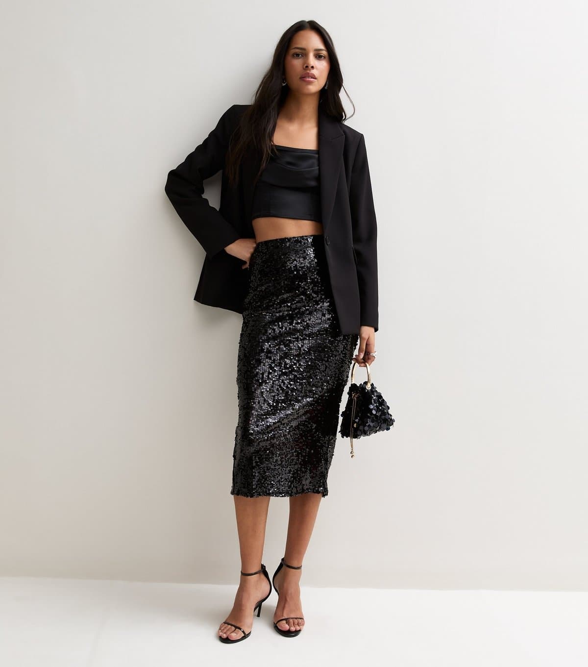 New Look Women's Black Sequin Embellished Midi Skirt New Look