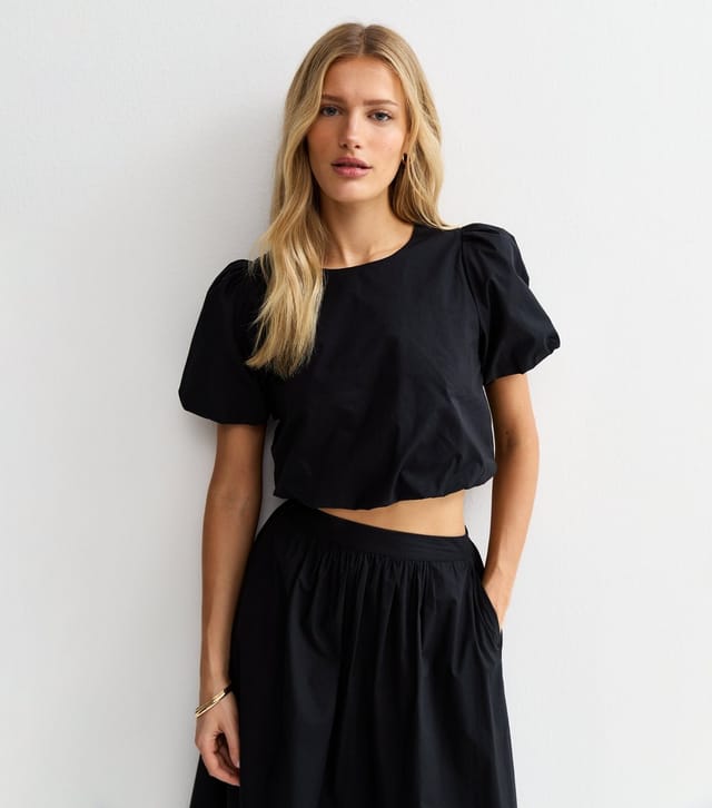 New Look Women's Black Poplin Bubble Hem Crop Top New Look - 3