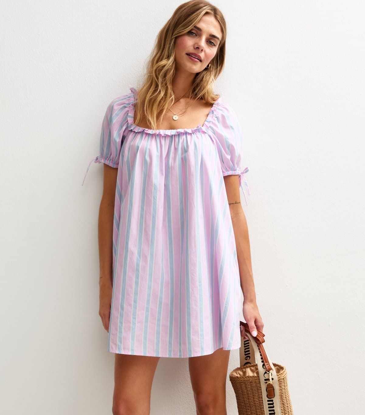New Look Women's Pink Cotton Striped Frill Trim Square Neck Mini Dress New Look