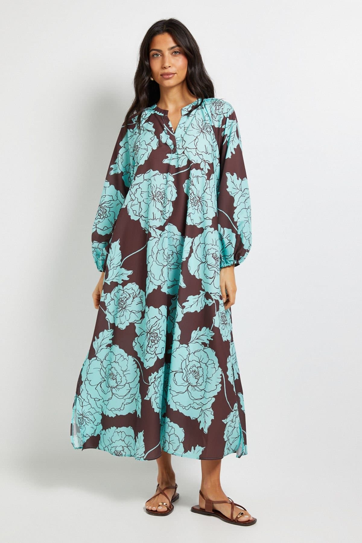 Wallis Wallis Women's Floral Collarless Midaxi Dress in Chocolate