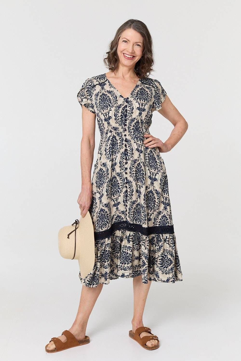 Izabel London Izabel London Women's Ikat Print Shirred Lace Midi Dress in Blue