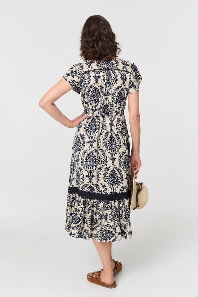 Izabel London Izabel London Women's Ikat Print Shirred Lace Midi Dress in Blue - 3