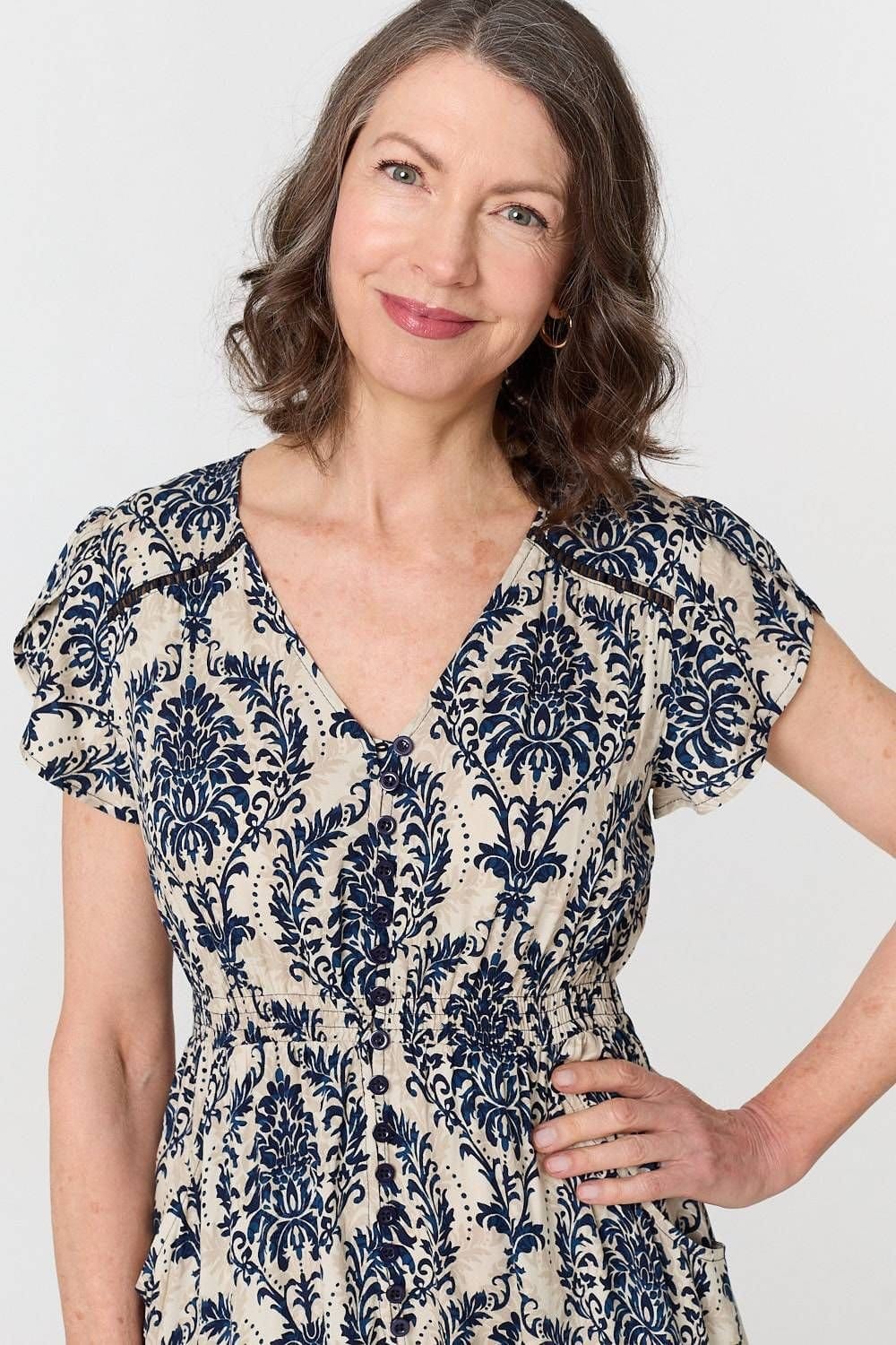 Izabel London Izabel London Women's Ikat Print Shirred Lace Midi Dress in Blue - 4