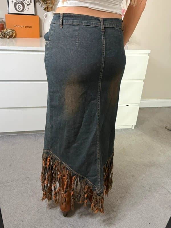 Vintage Dressing Vintage stone wash tassel fringe western style denim maxi skirt