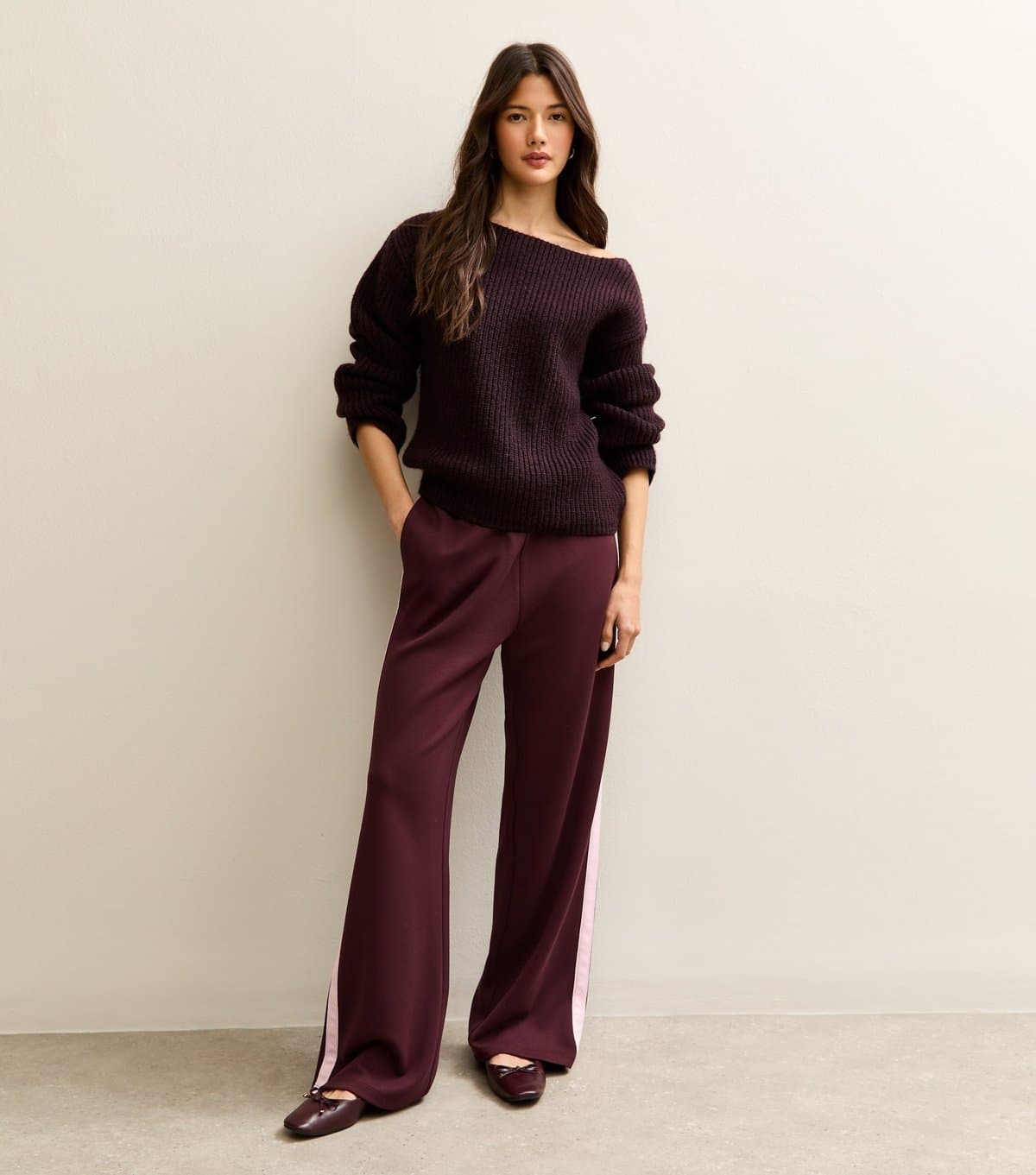 New Look Women's Premium Burgundy Side Stripe Wide Leg Joggers New Look