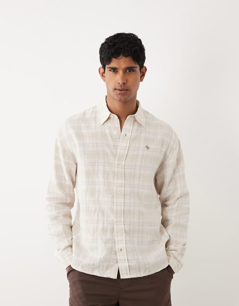 ASOS Abercrombie & Fitch linen rich long sleeve shirt in white check - 1