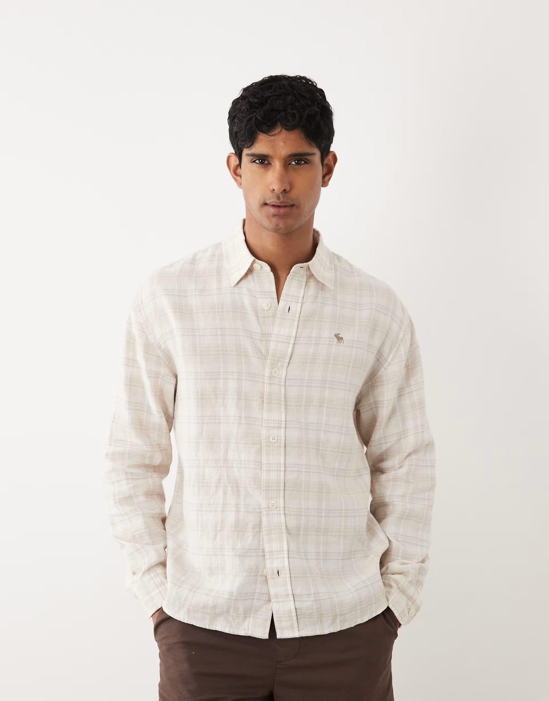 Abercrombie & Fitch Linen Rich Long Sleeve Shirt in White Check