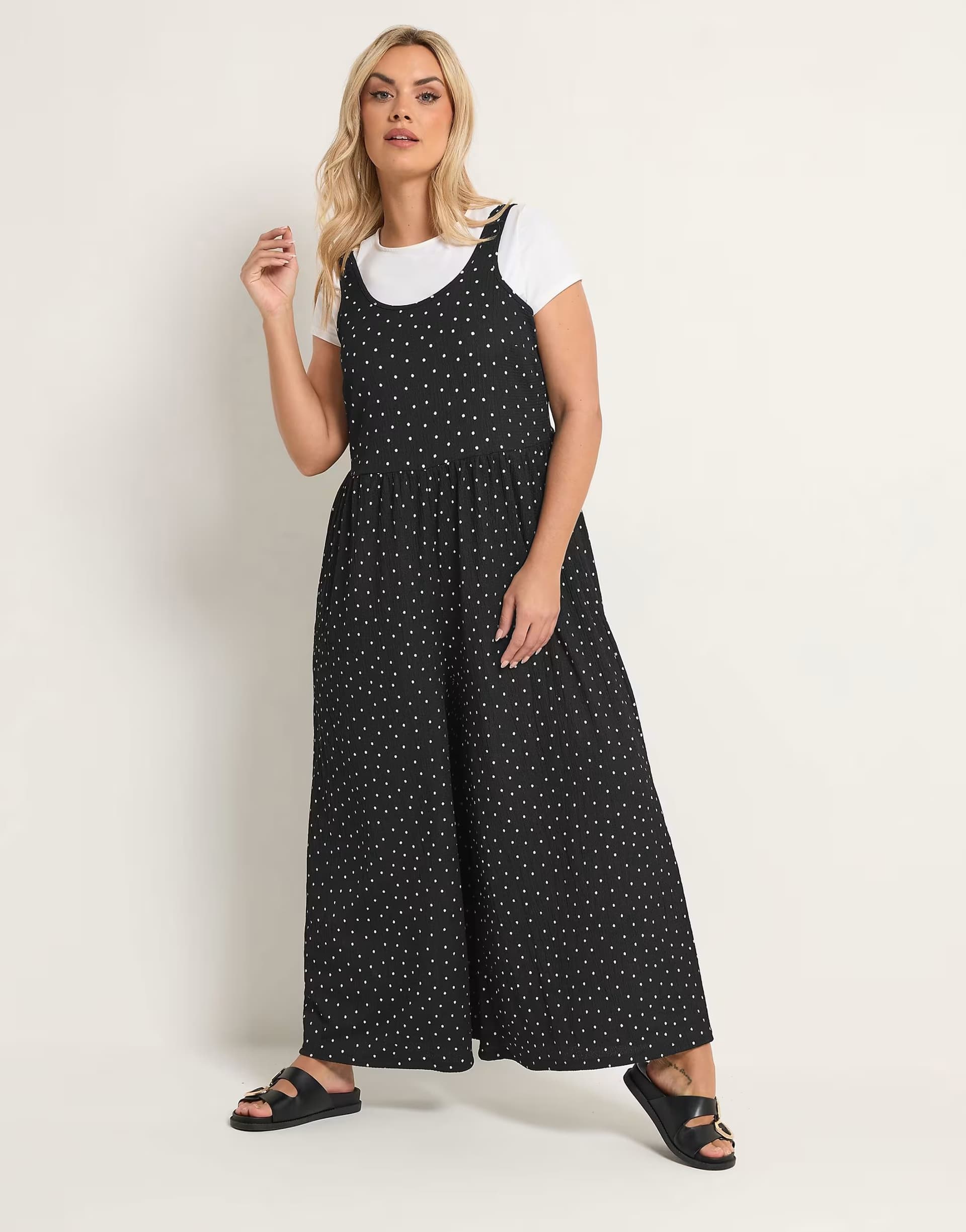 ASOS Yours Clothing Polka dot textured jumpsuit in black
