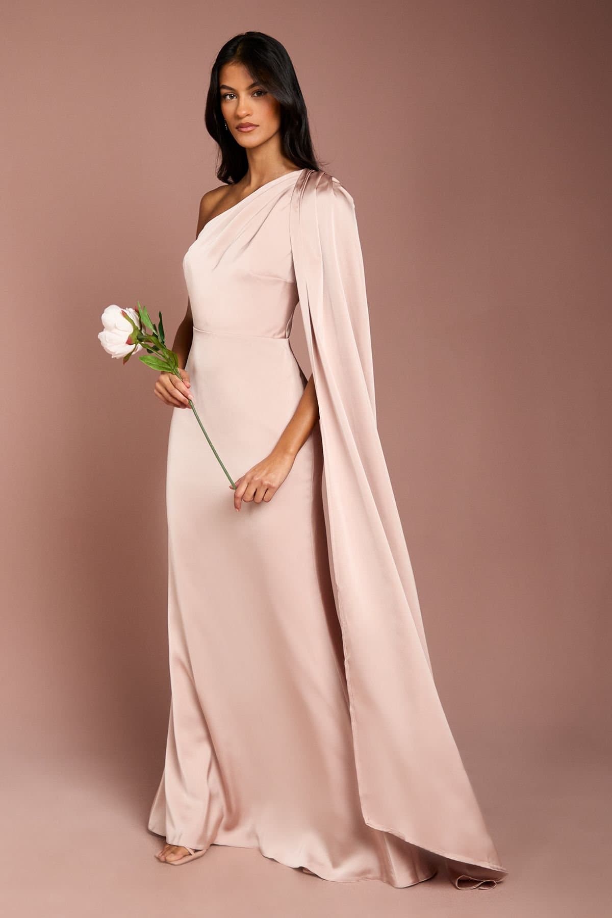 Coast Coast Women's Honoured Petite Drape One Shoulder Satin Maxi Bridesmaid Dress in Mocha