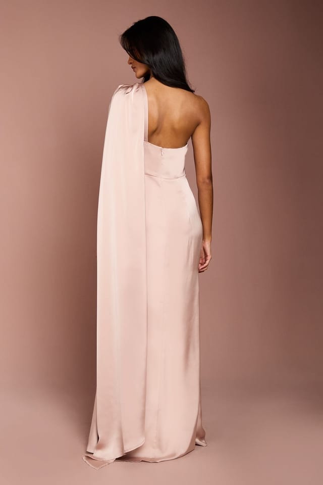 Coast Coast Women's Honoured Petite Drape One Shoulder Satin Maxi Bridesmaid Dress in Mocha - 3