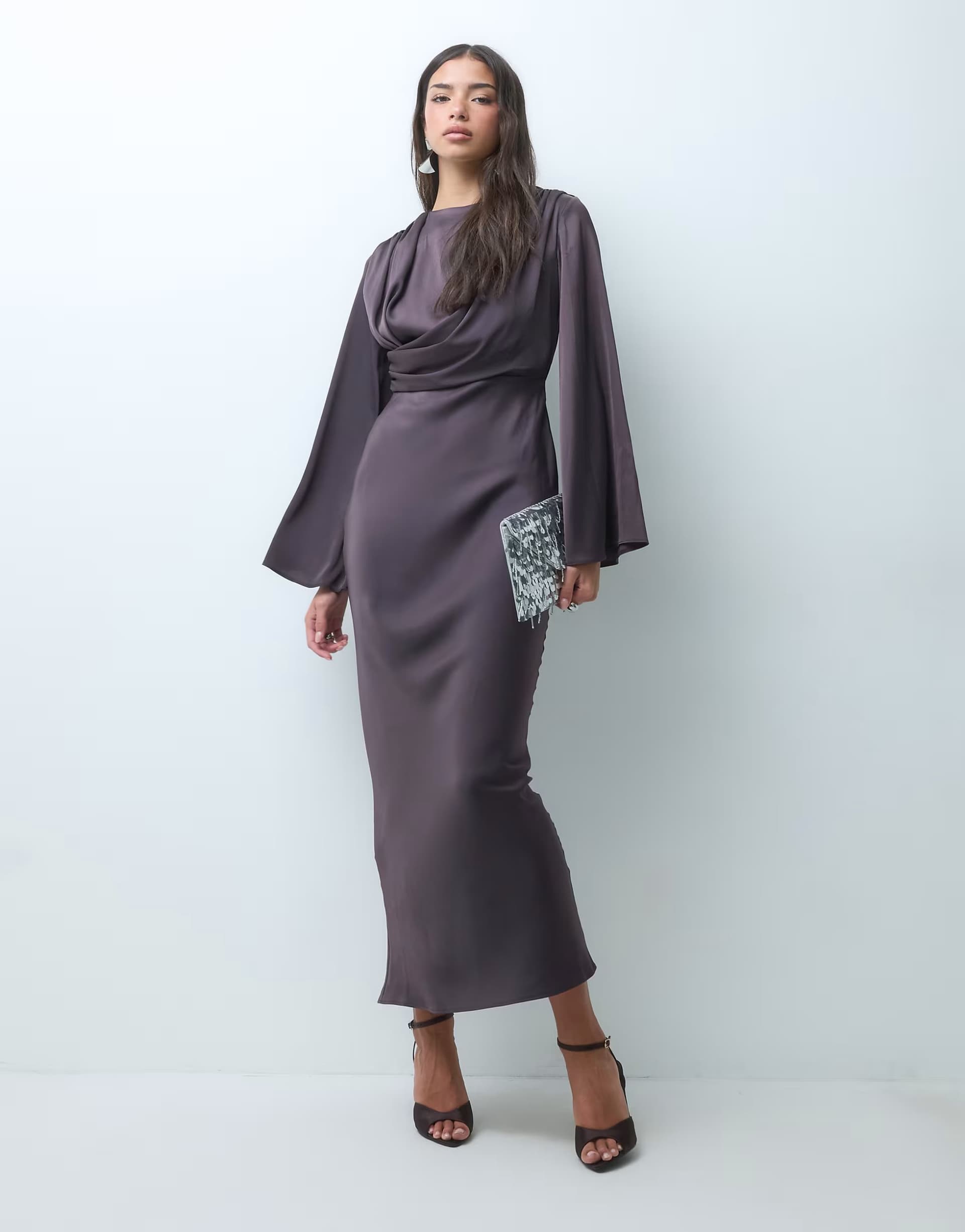 ASOS ASOS DESIGN flute sleeve draped maxi dress in raisin brown