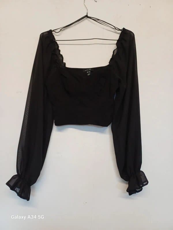 New Look New Look Black Corset Style Crop Top with Sheer Balloon Sleeves - Size 10