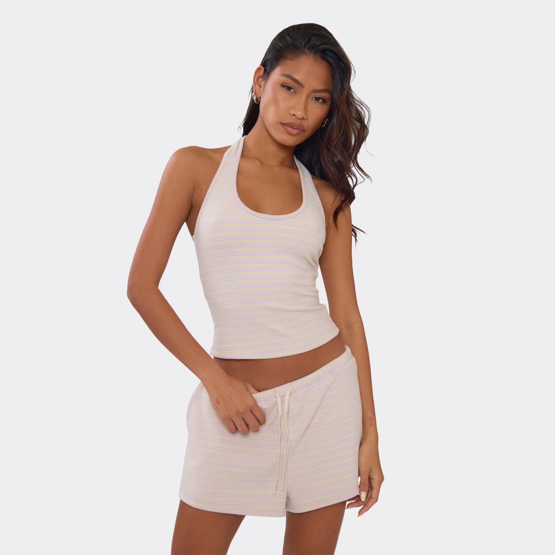 EGO Halterneck Scoop Fitted Top In Pink Stripe Soft Fleece, Women's Size UK 6