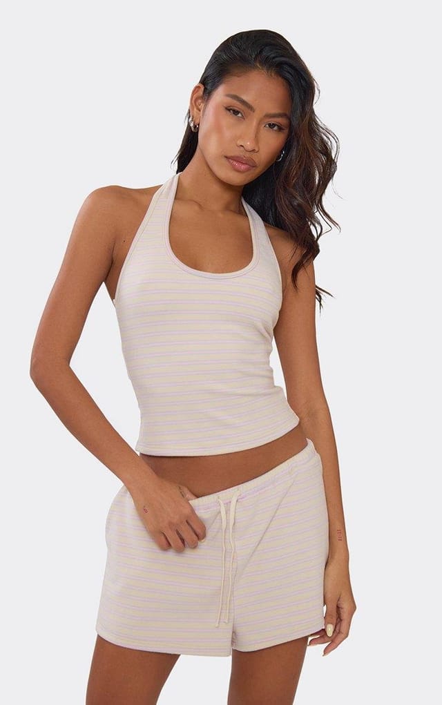 EGO Halterneck Scoop Fitted Top In Pink Stripe Soft Fleece, Women's Size UK 6 - 2