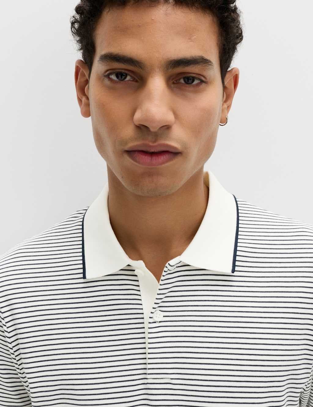 Marks & Spencer M&S Pure Cotton Striped Polo Shirt Navy