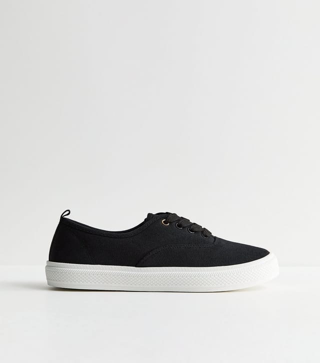 New Look Women's Black Cotton Canvas Flat Lace Up Trainers Vegan New Look - 3