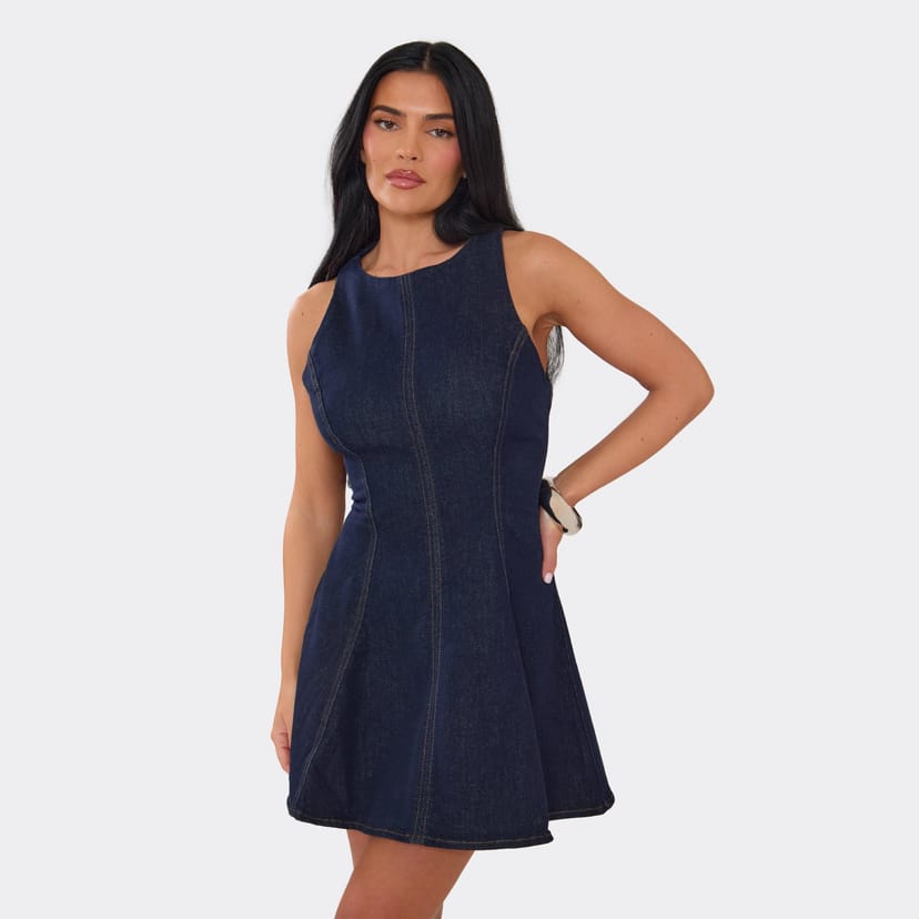 EGO Sleeveless Seam Detail Mini Dress In Indigo Blue Denim, Women's Size UK L - 1