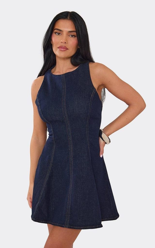 EGO Sleeveless Seam Detail Mini Dress In Indigo Blue Denim, Women's Size UK L - 2