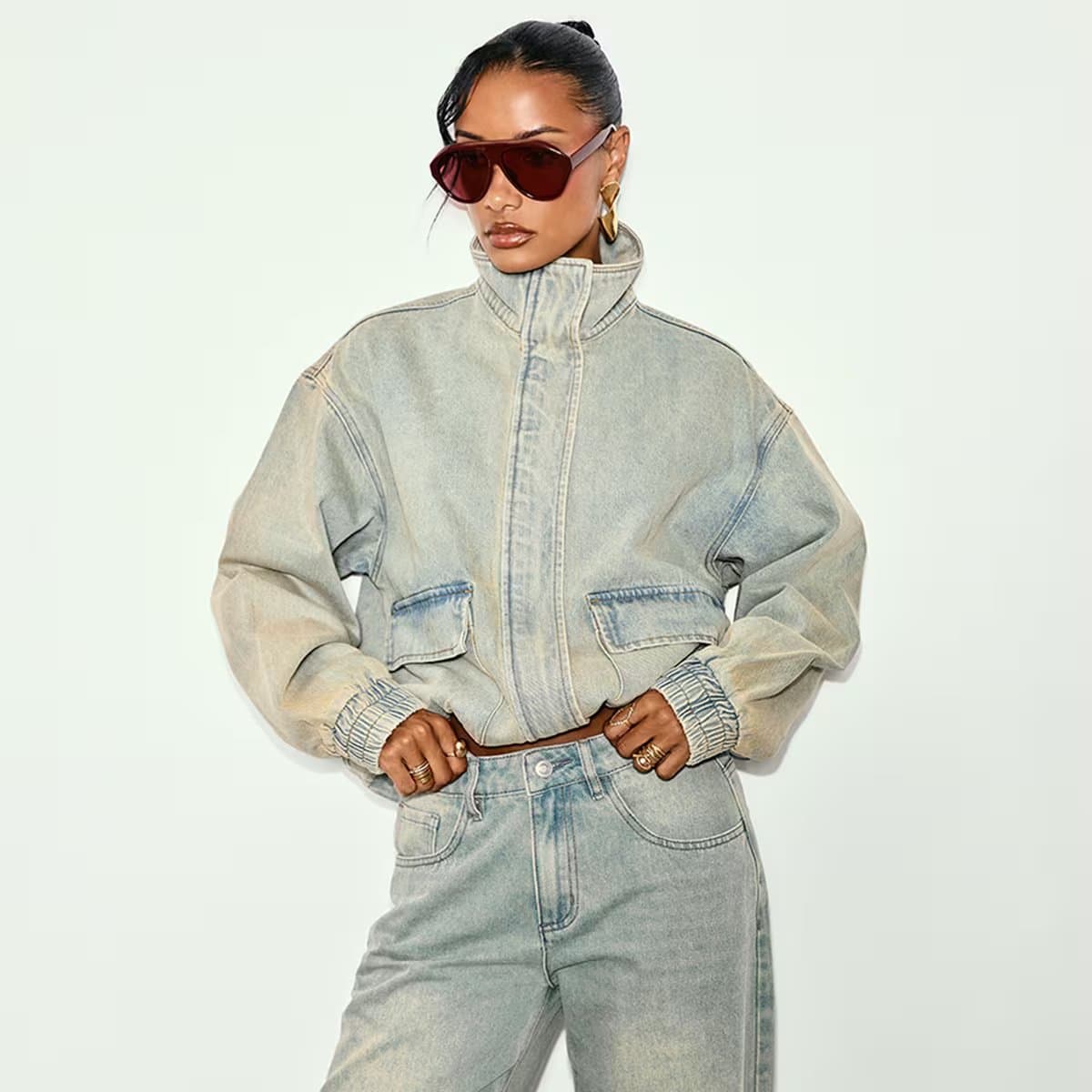 EGO Long Sleeve Funnel Neck Boxy Jacket In Light Vintage Wash Denim, Women's Size UK 6