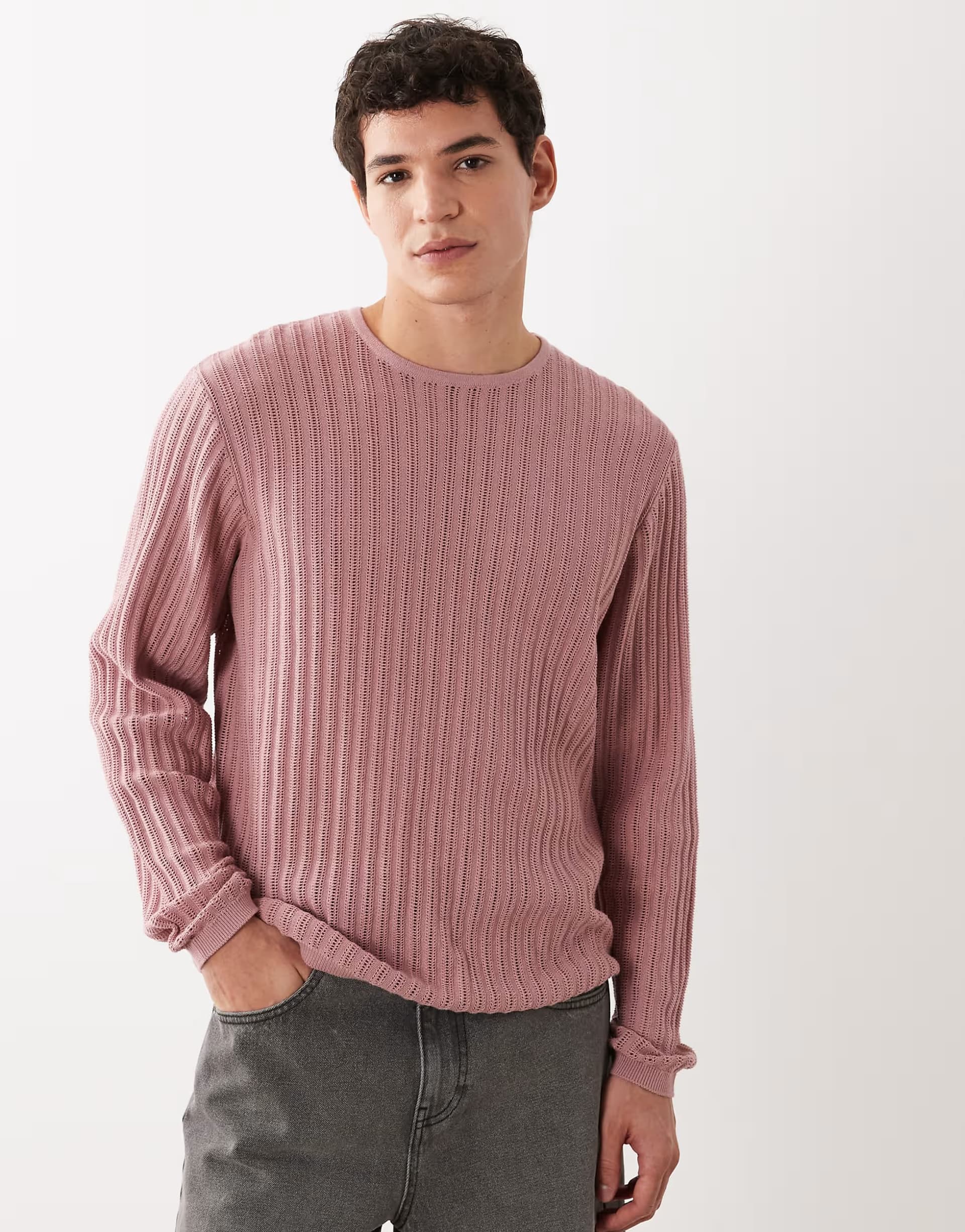 ASOS ASOS DESIGN knitted ribbed long sleeve crew neck t-shirt in pink