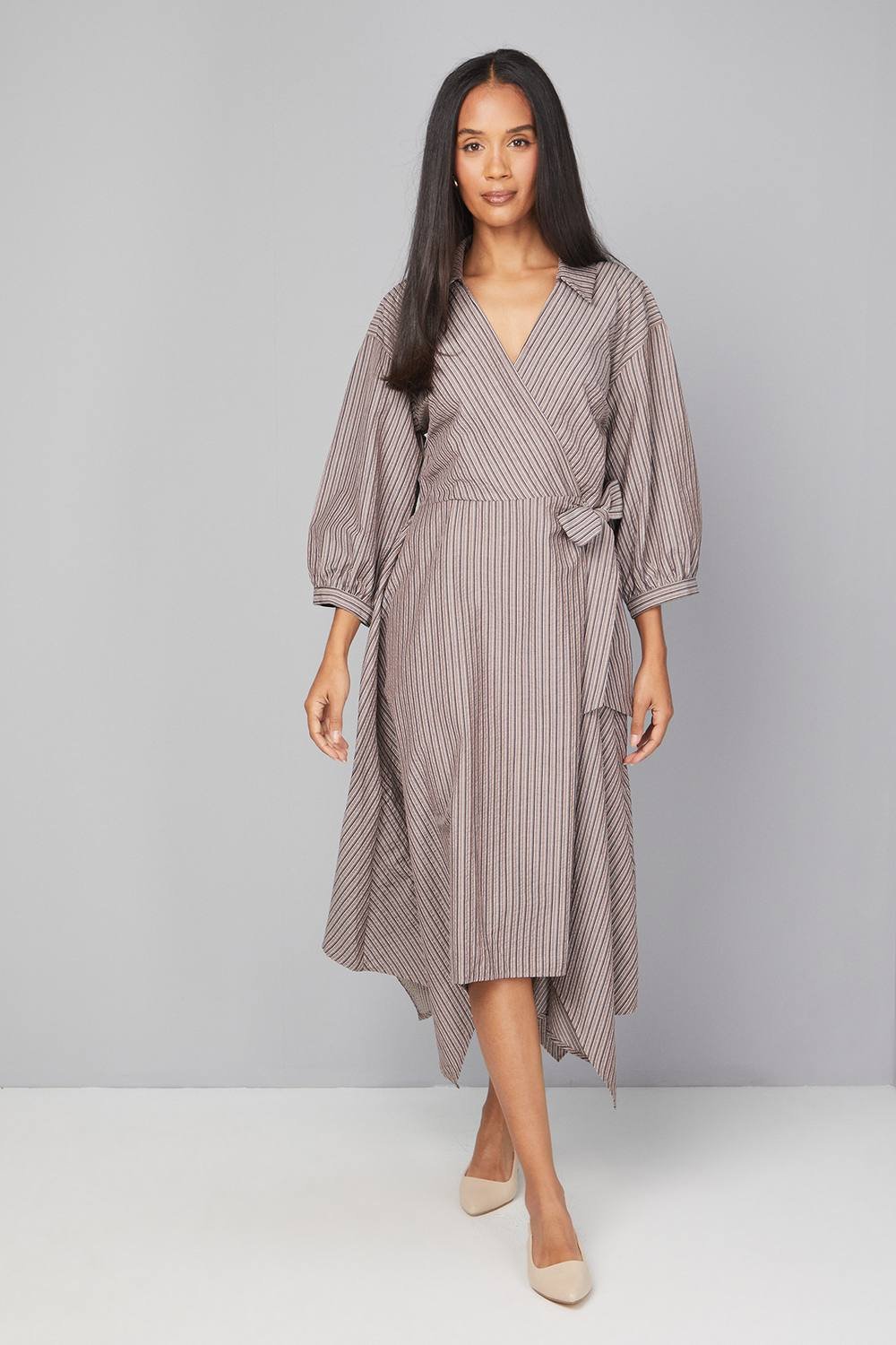 Wallis Wallis Women's Stripe Wrap Midi Dress in Chocolate - 2