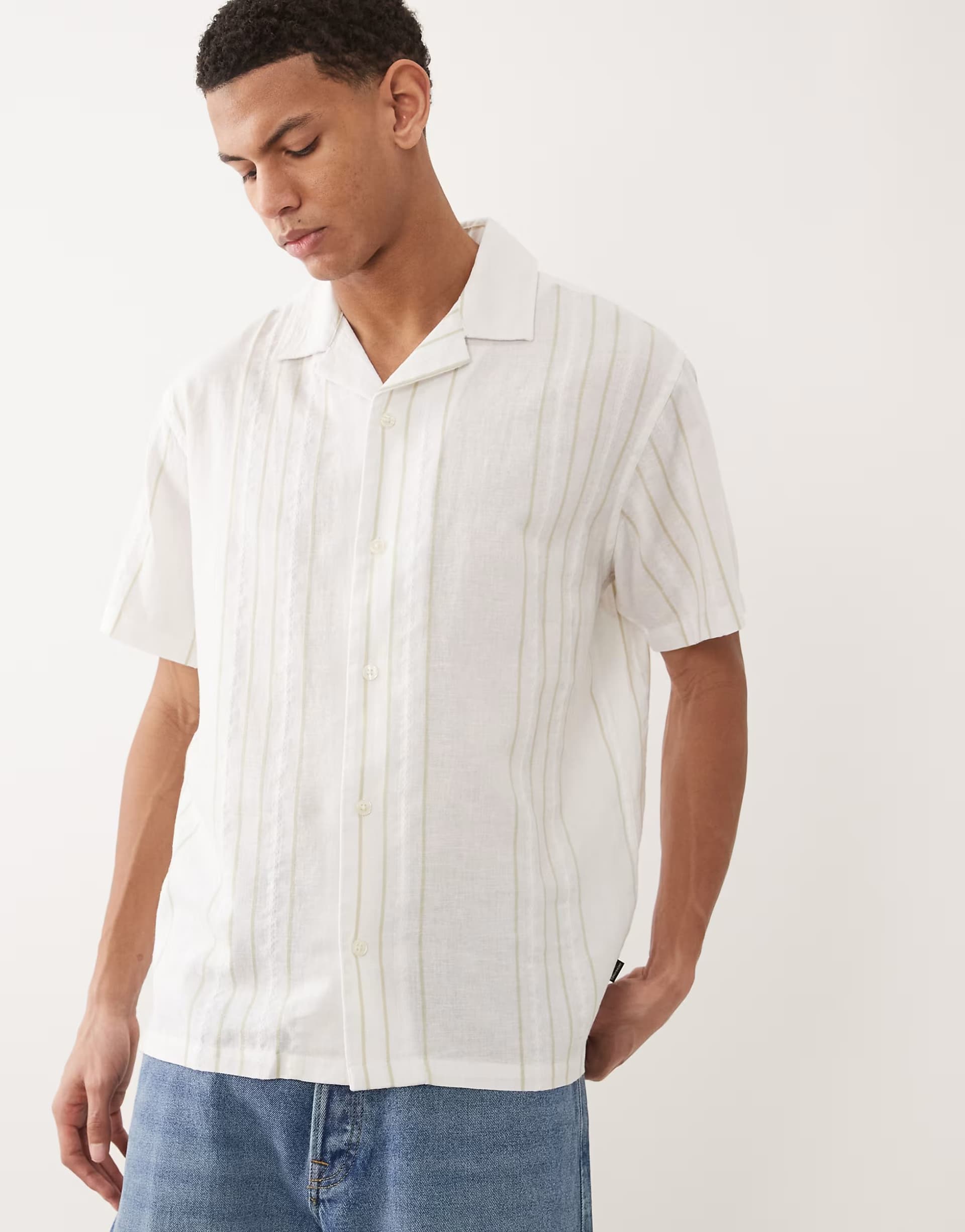 ASOS Jack & Jones Premium linen blend short sleeve shirt with green stripes in white