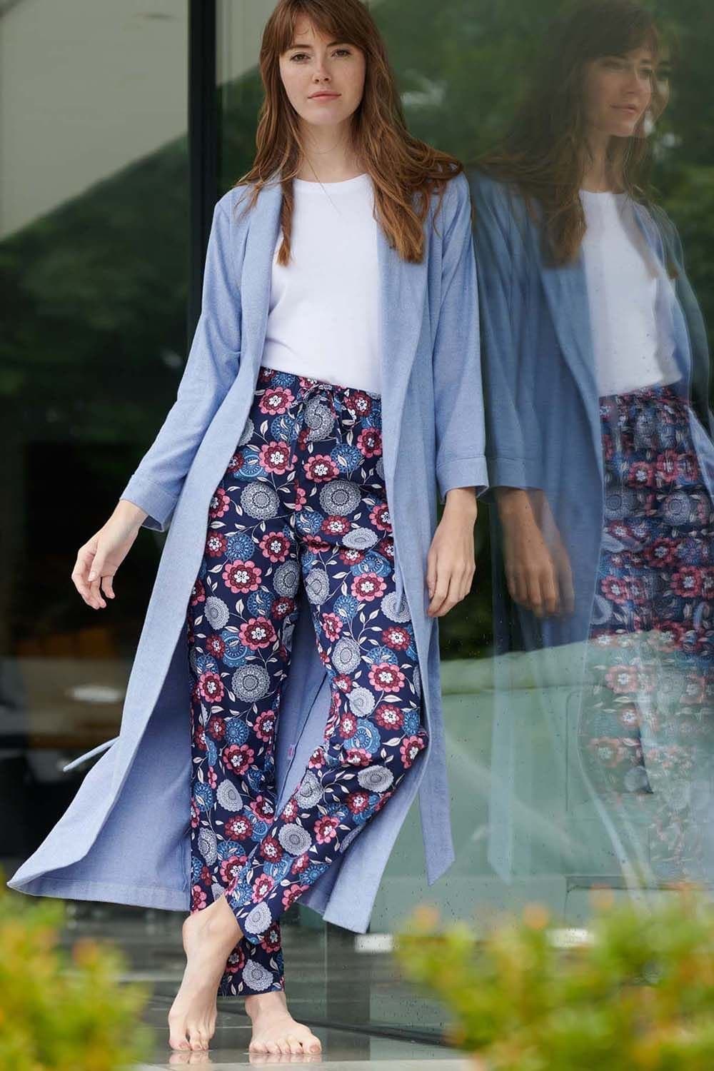 British Boxers British Boxers Women's 'Staffordshire Blue' Herringbone Brushed Cotton Dressing Gown in Light Blue