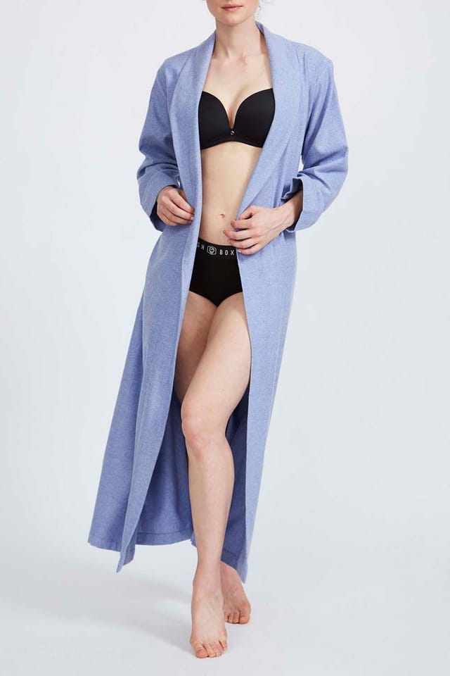British Boxers British Boxers Women's 'Staffordshire Blue' Herringbone Brushed Cotton Dressing Gown in Light Blue - 2