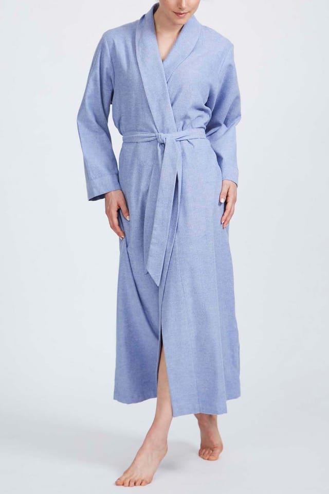 British Boxers British Boxers Women's 'Staffordshire Blue' Herringbone Brushed Cotton Dressing Gown in Light Blue - 3