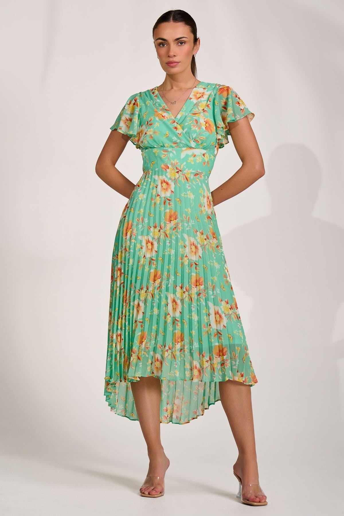 Jolie Moi Jolie Moi Women's Cap Sleeve Pleated Chiffon Maxi Dress in Bright Green