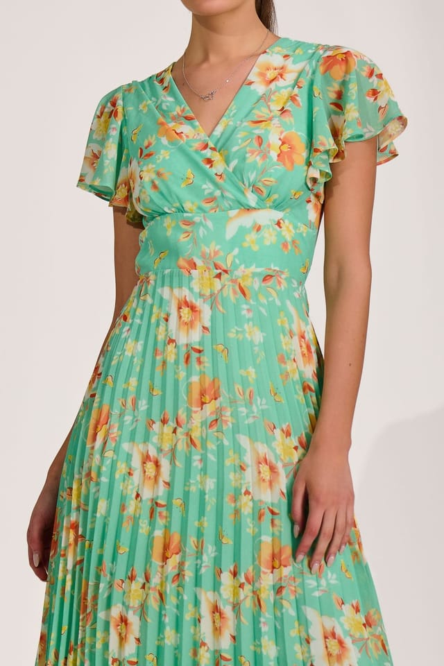 Jolie Moi Jolie Moi Women's Cap Sleeve Pleated Chiffon Maxi Dress in Bright Green - 3